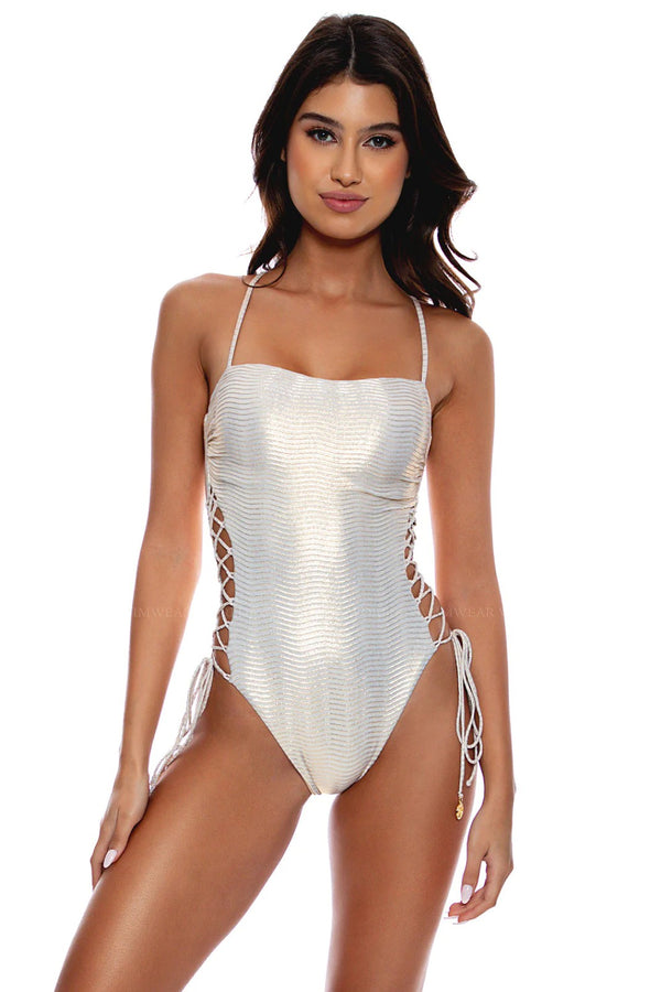 Luli Fama Golden Luli Square Neck Lace Up One Piece