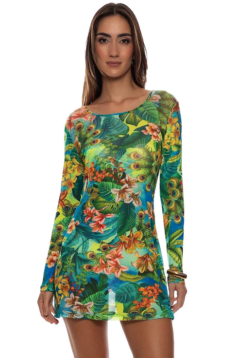 Luli Fama Peacock Affair Long Sleeve Short Dress