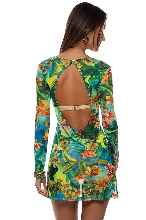 Luli Fama Peacock Affair Long Sleeve Short Dress