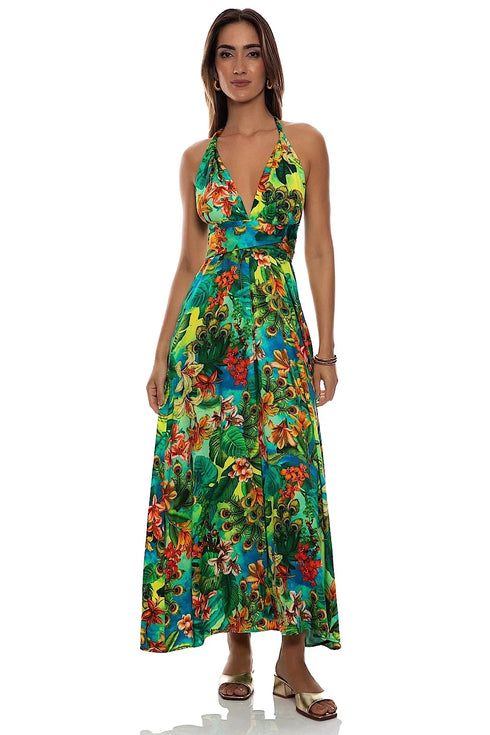 Luli Fama Peacock Affair Convertible Maxi Dress
