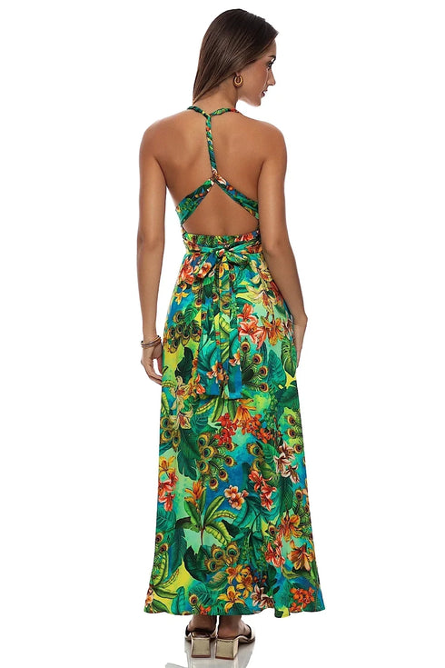 Luli Fama Peacock Affair Convertible Maxi Dress