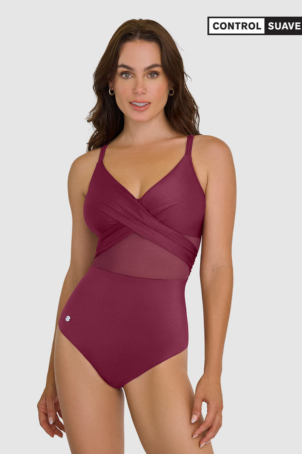 Leonisa One Piece Swimsuit With Criss Cross Neckline And Tulle