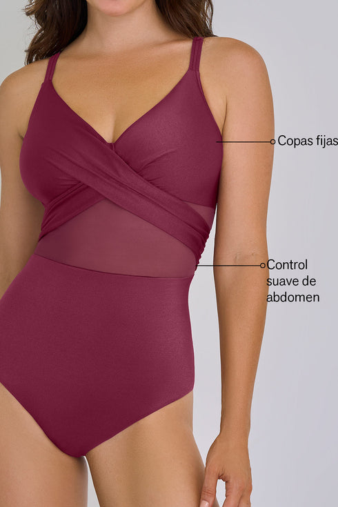 Leonisa One Piece Swimsuit With Criss Cross Neckline And Tulle