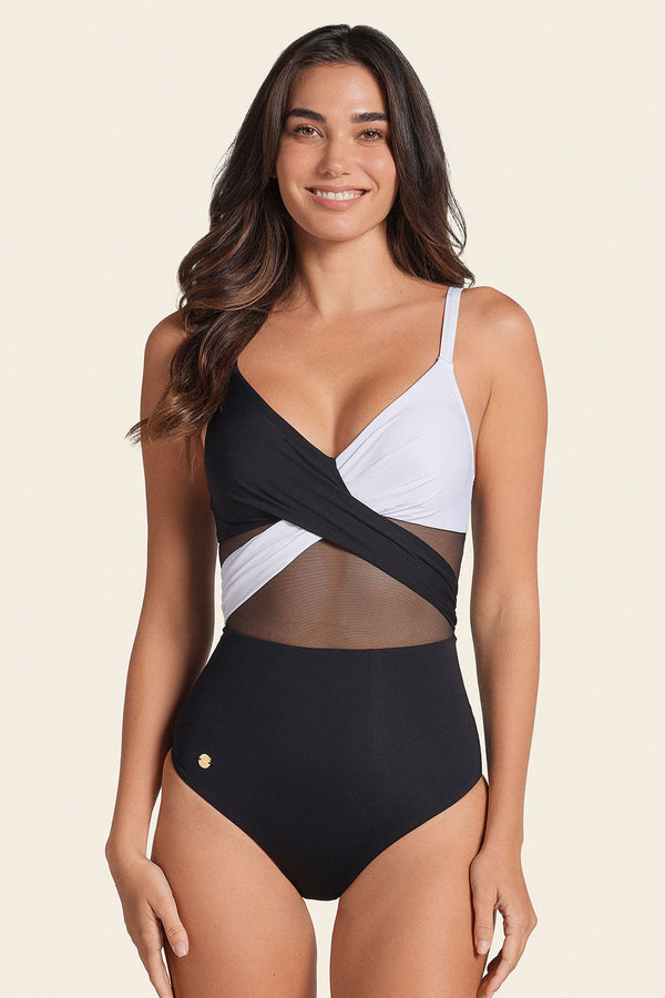 Leonisa Contrast Detail One Piece Swimsuit With Slimming Compression