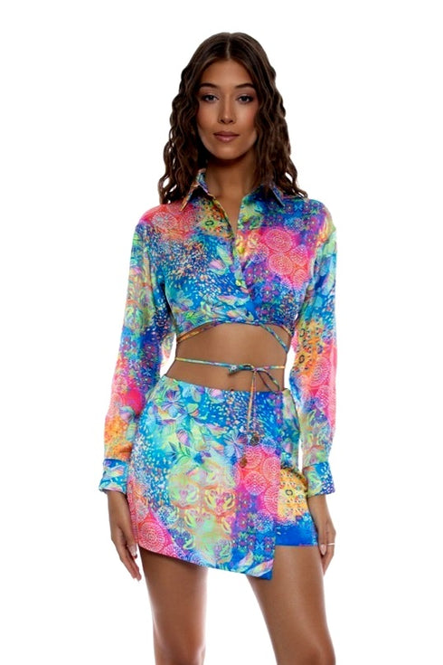 Luli Fama Deco Gardens Collared Wrap Crop Top