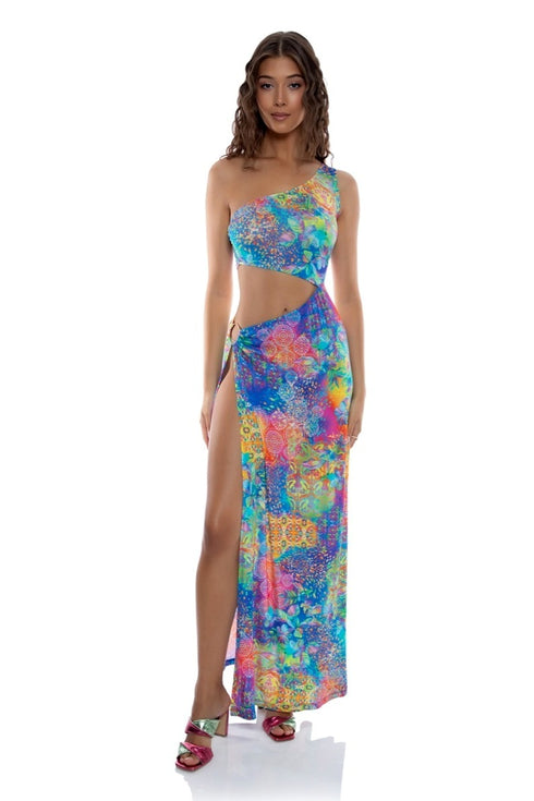 Luli Fama Deco Gardens One Shoulder Ring Cut Out Maxi Dress