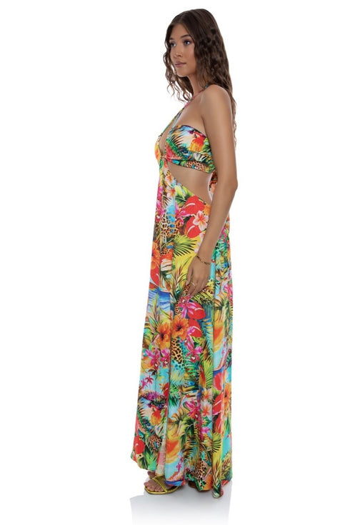 Luli Fama Birds Of Paradise Bandeau Cut Out Front Slit Dress
