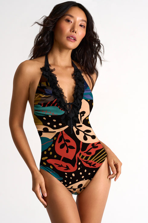 Shan Jasmine Halter One-Piece With Fringes