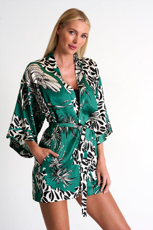 Short Silk Kimono Robe - 42511-85-951 02 / 951 Oasis / 95% SILK 5% ELASTANE