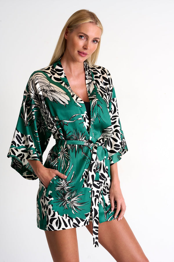 Short Silk Kimono Robe - 42511-85-951 02 / 951 Oasis / 95% SILK 5% ELASTANE