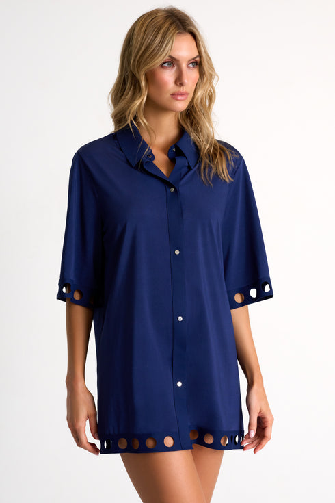 Shan Elisabeth Button-down Lycra swimsuit cover-up with round cutouts