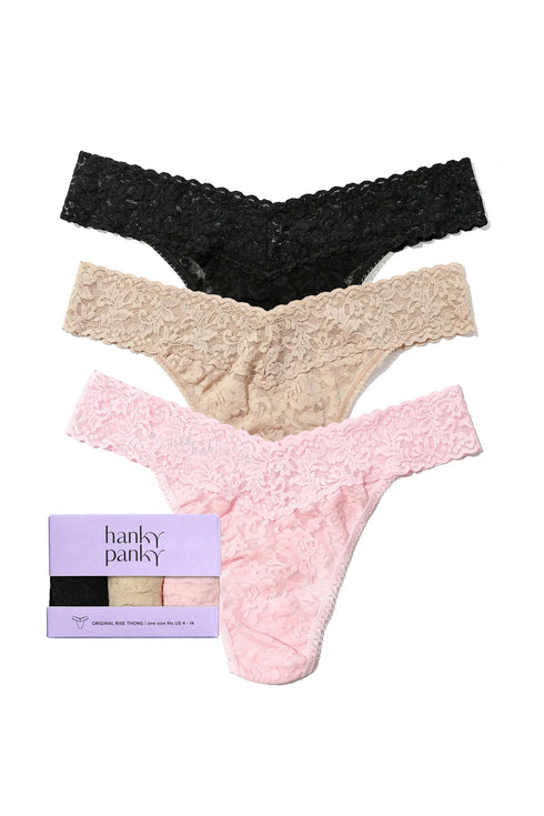 Hanky Panky 3 Pack Signature Lace® Low Rise Thongs Black