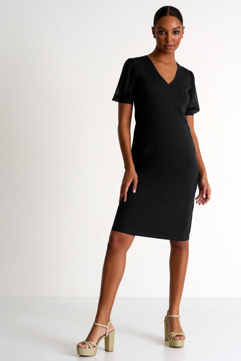 Shan Sofia Elegant Short-Sleeve Mesh Dress
