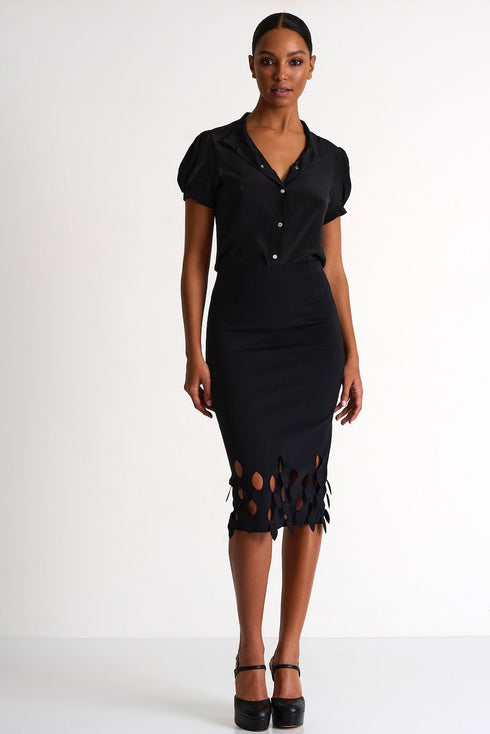Pencil Skirt With Cutouts - 52437-47-800 02 / 800 Caviar / 75% POLYAMIDE, 25% ELASTANE
