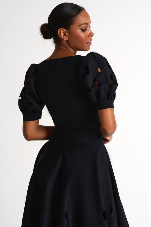 Top With Balloon Sleeves And Oval Cutouts - 52437-64-800 02 / 800 Caviar / 75% POLYAMIDE, 25% ELASTANE