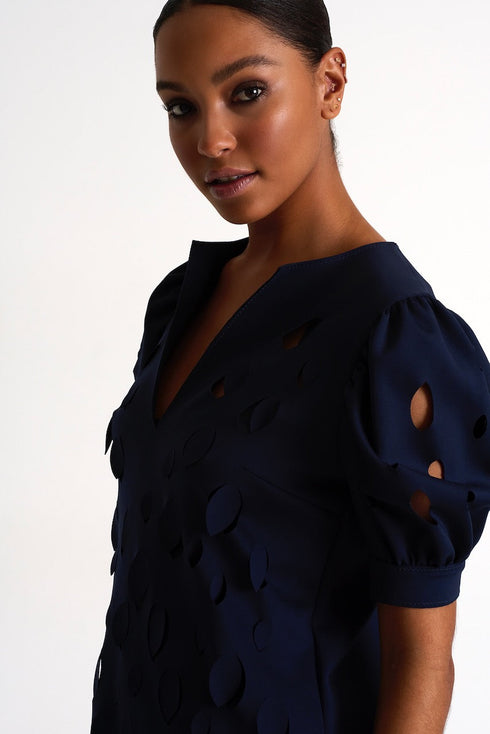 Dress With Balloon Sleeves And Cutouts - 52437-66-550 02 / 550 Navy / 75% POLYAMIDE, 25% ELASTANE