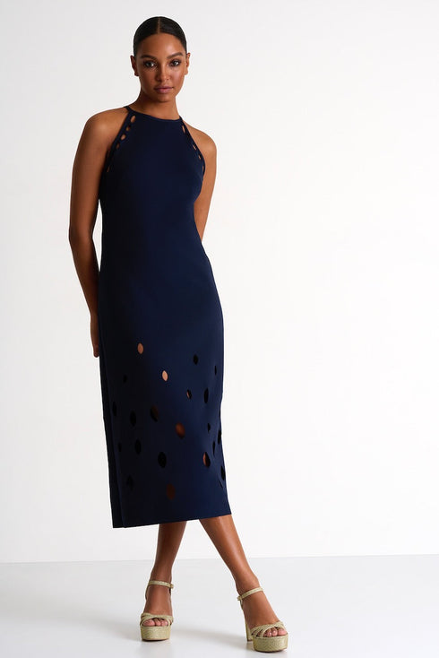 Halter Midi Dress With Oval Cutouts - 52437-71-550 02 / 550 Navy / 75% POLYAMIDE, 25% ELASTANE