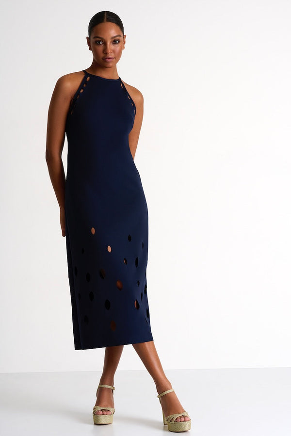 Halter Midi Dress With Oval Cutouts - 52437-71-550 02 / 550 Navy / 75% POLYAMIDE, 25% ELASTANE