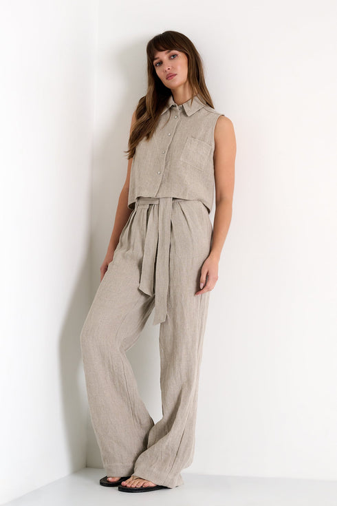 Linen Pants Tied At The Waist - 52536-52-110 02 / 110 Beige / 100% LINEN