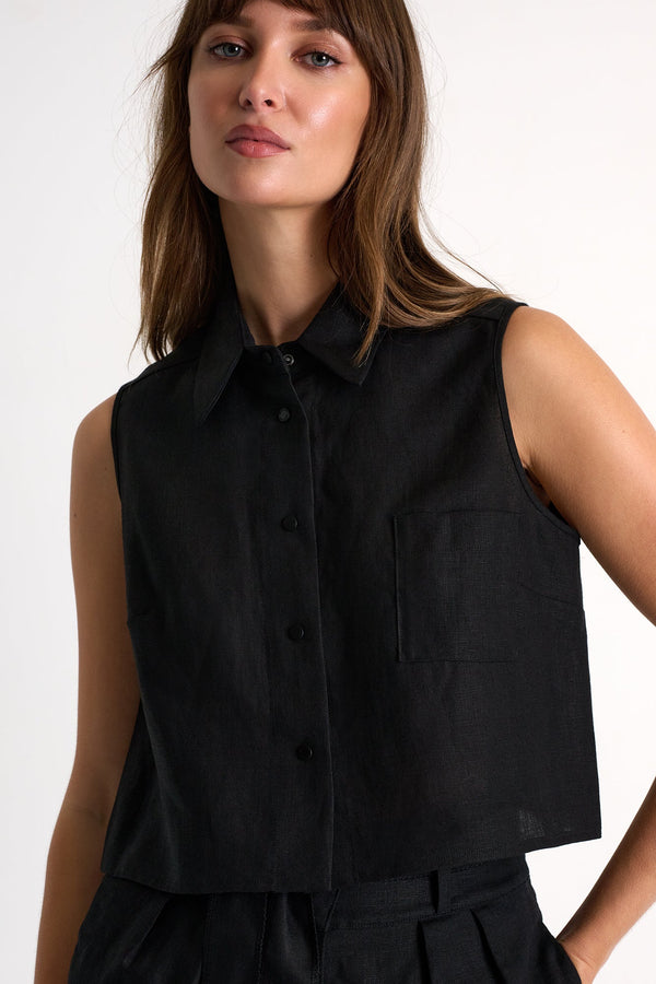 Buttoned Sleeveless Linen Vest - 52536-60-800 02 / 800 Black / 100% LINEN