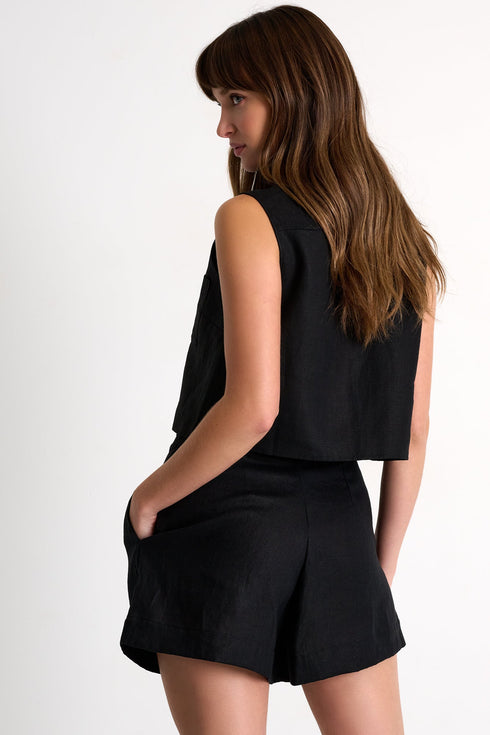 Buttoned Sleeveless Linen Vest - 52536-60-800 02 / 800 Black / 100% LINEN