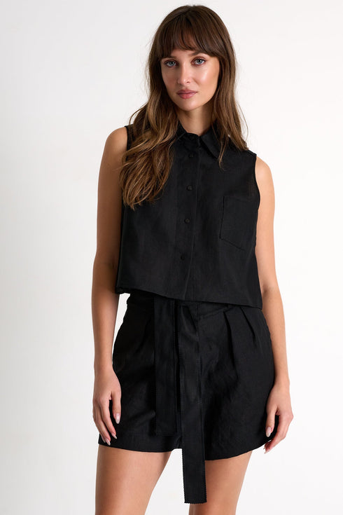 Buttoned Sleeveless Linen Vest - 52536-60-800 02 / 800 Black / 100% LINEN