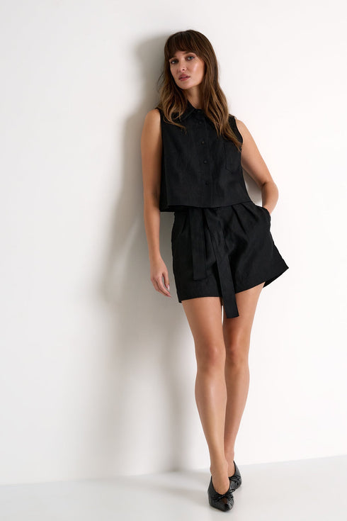 Buttoned Sleeveless Linen Vest - 52536-60-800 02 / 800 Black / 100% LINEN