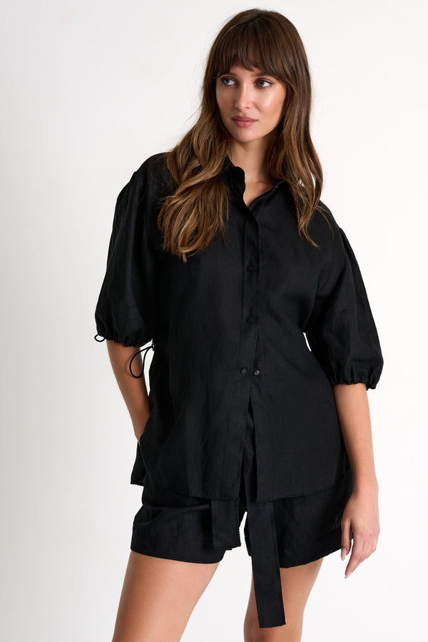 Short-Sleeve Linen Blouse - 52536-82-800 02 / 800 Black / 100% LINEN