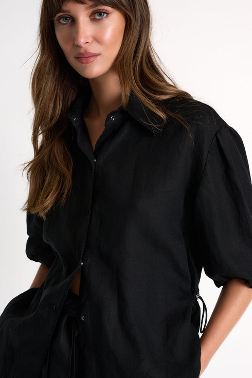 Short-Sleeve Linen Blouse - 52536-82-800 02 / 800 Black / 100% LINEN