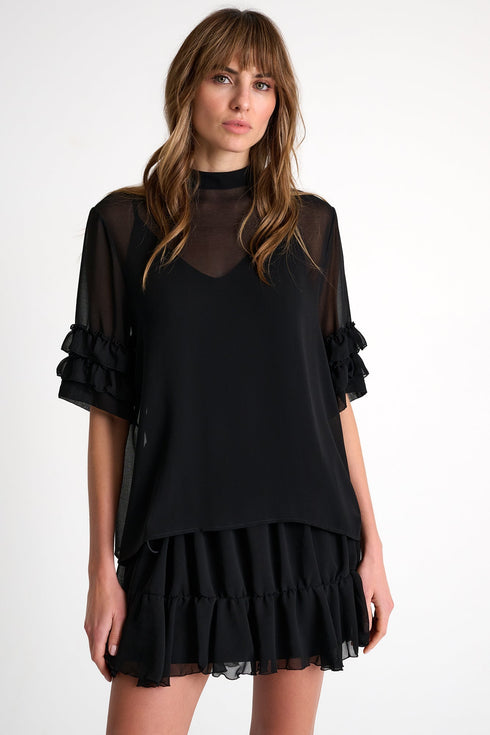 Ruffled Sleeve Chiffon Top - 52632-60-800 02 / 800 Black