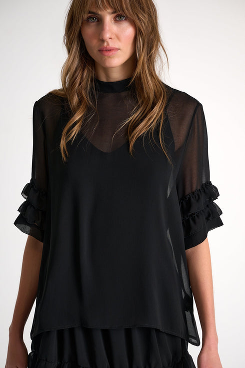 Ruffled Sleeve Chiffon Top - 52632-60-800 02 / 800 Black