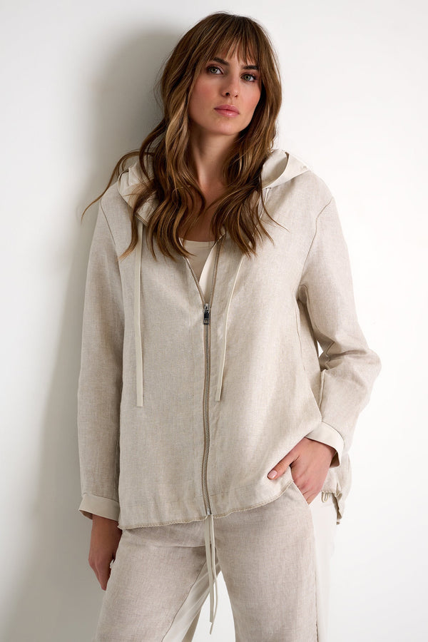 Linen & Lycra Blend Hooded Coat - 52636-79-110 02 / 110 Beige