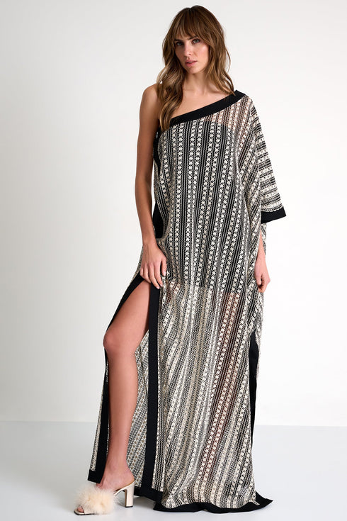 Asymmetrical Embroidered Maxi Dress - 52644-69-802 02 / 802 Black/Beige