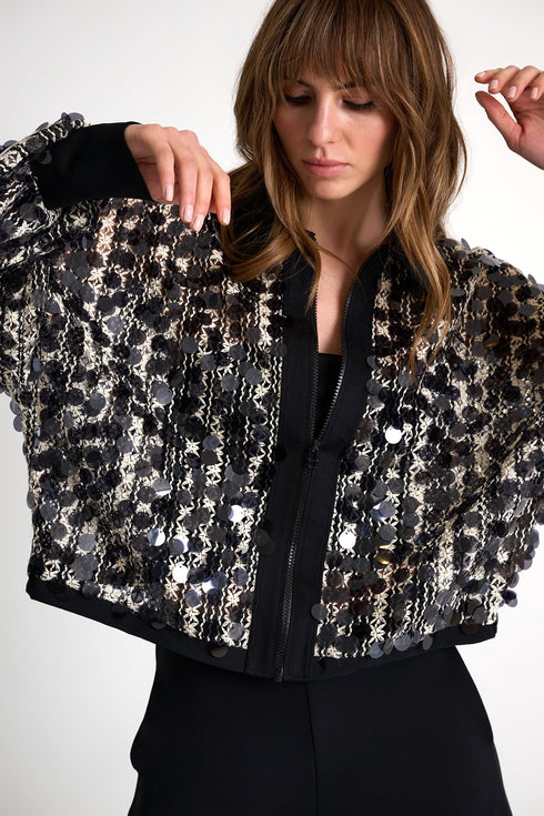 Embroidered Sequin Bomber Jacket - 52645-79-802 02 / 802 Black/Beige