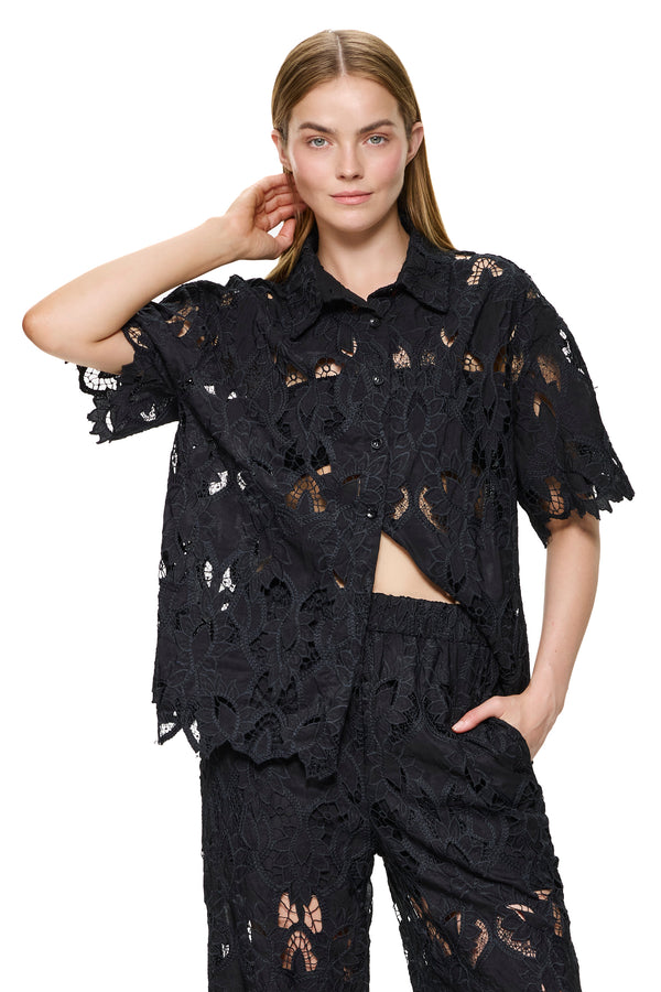 Gottex Guipure Lace Short Sleeve Button Down Shirt