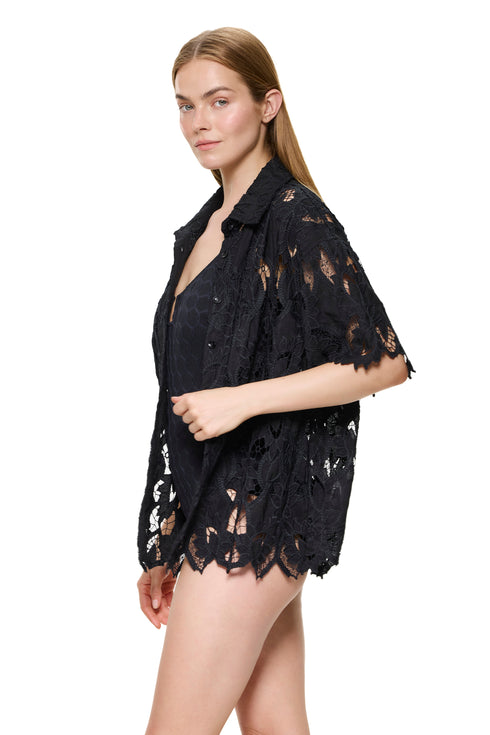 Gottex Guipure Lace Short Sleeve Button Down Shirt