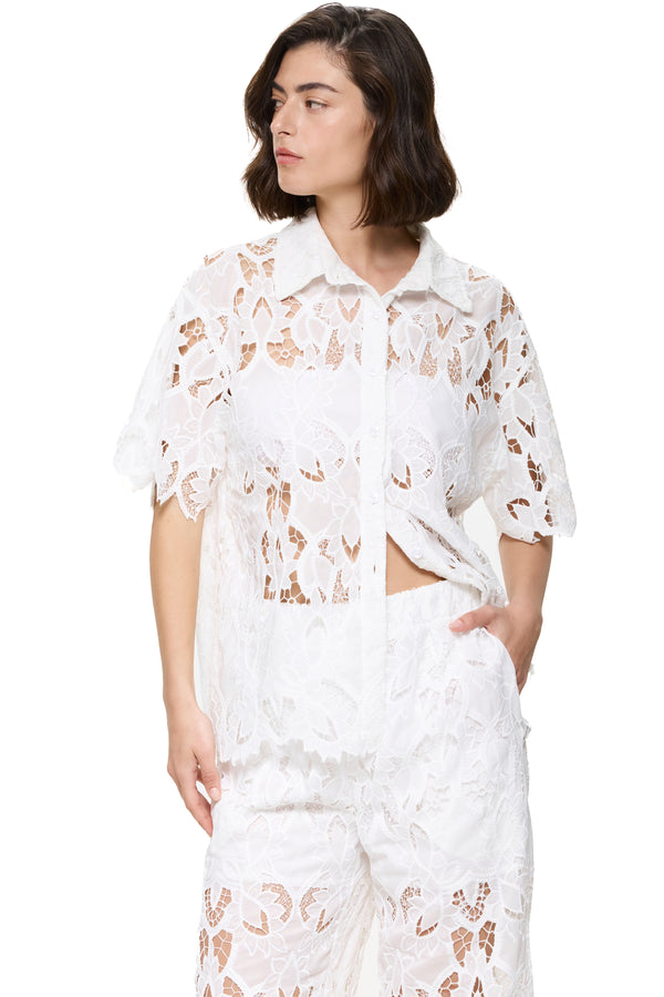 Gottex Guipure Lace Short Sleeve Button Down Shirt