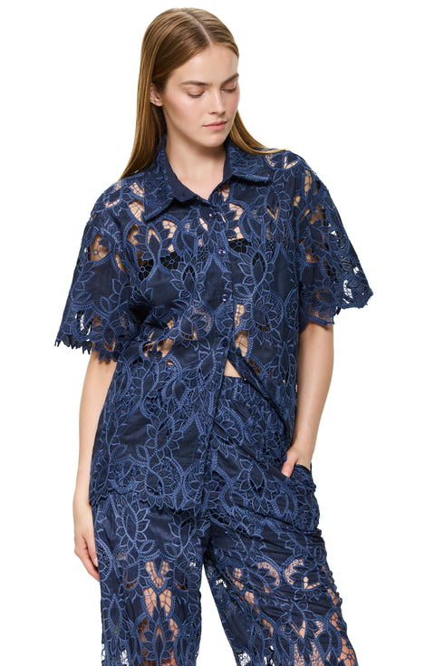 Gottex Guipure Lace Short Sleeve Button Down Shirt