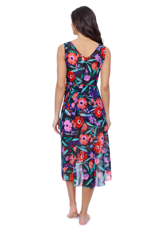 Gottex Profile by Gottex Marguerite V Neck Asymmetrical Ruffle Midi Wrap Mesh Dres