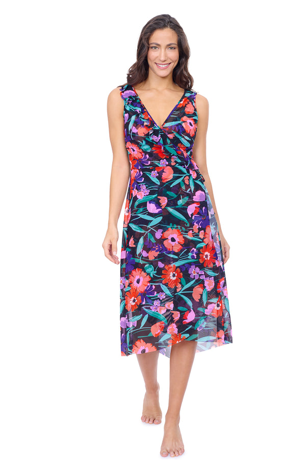 Gottex Profile by Gottex Marguerite V Neck Asymmetrical Ruffle Midi Wrap Mesh Dres