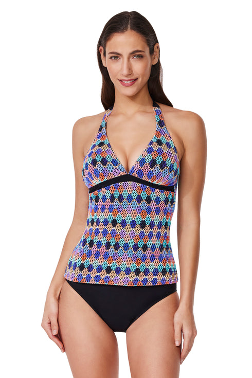 Profile by Gottex Retro Riviera Halter Netted Crochet Tankini Top