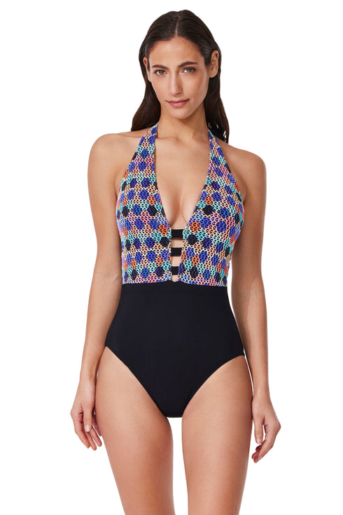 Profile by Gottex Retro Riviera Halter Netted Crochet One Piece Mutli