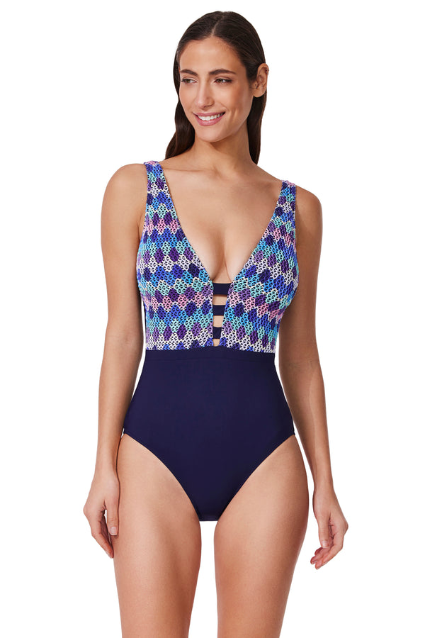 Profile by Gottex Retro Riviera Halter Netted Crochet One Piece Mutli