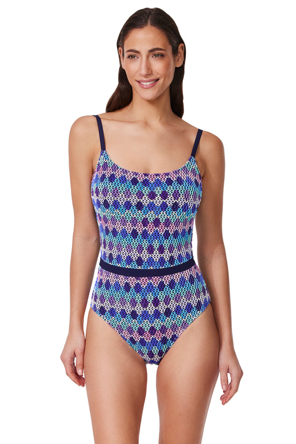 Gottex Profile by Gottex Retro Riviera Scoop Neck Netted Crochet One Piece Multi