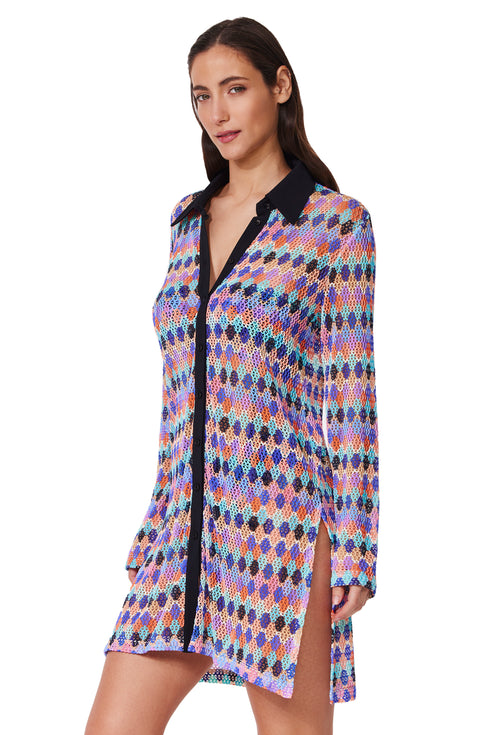 Profile by Gottex Retro Riviera Netted Crochet Buttoned Tunic Cover-Up