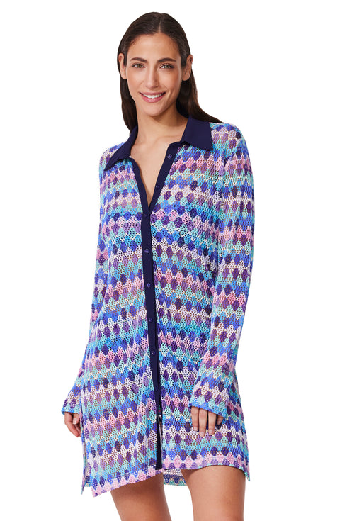 Profile by Gottex Retro Riviera Netted Crochet Buttoned Tunic Cover-Up