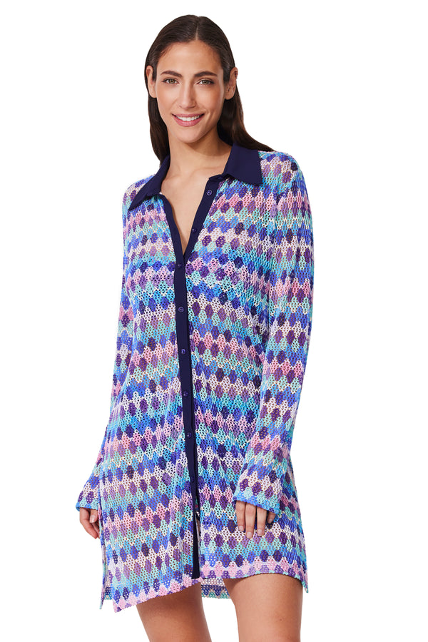 Profile by Gottex Retro Riviera Netted Crochet Buttoned Tunic Cover-Up