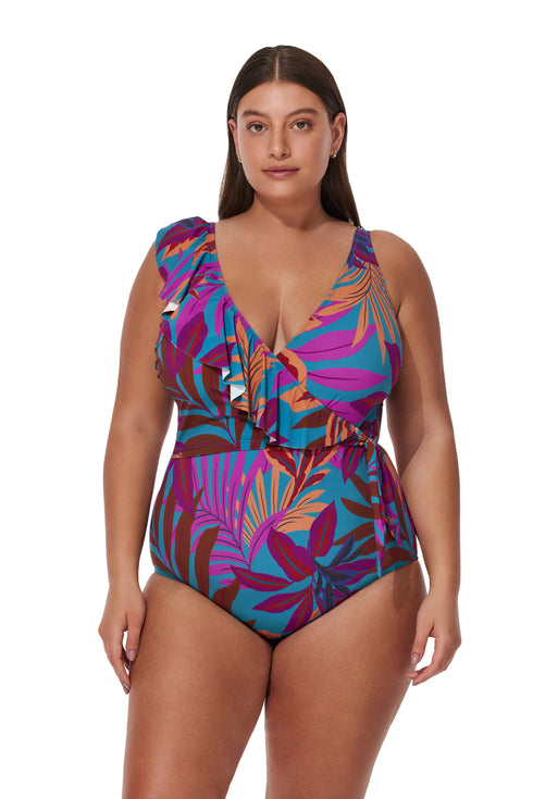 Profile by Gottex Plantopia Plus Size V-Neck Surplice Ruffle One Piece