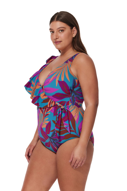 Profile by Gottex Plantopia Plus Size V-Neck Surplice Ruffle One Piece