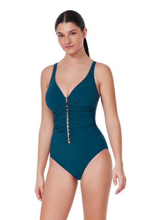 Profile by Gottex Tutti Frutti D-Cup V-Neck Gold Beaded One Piece